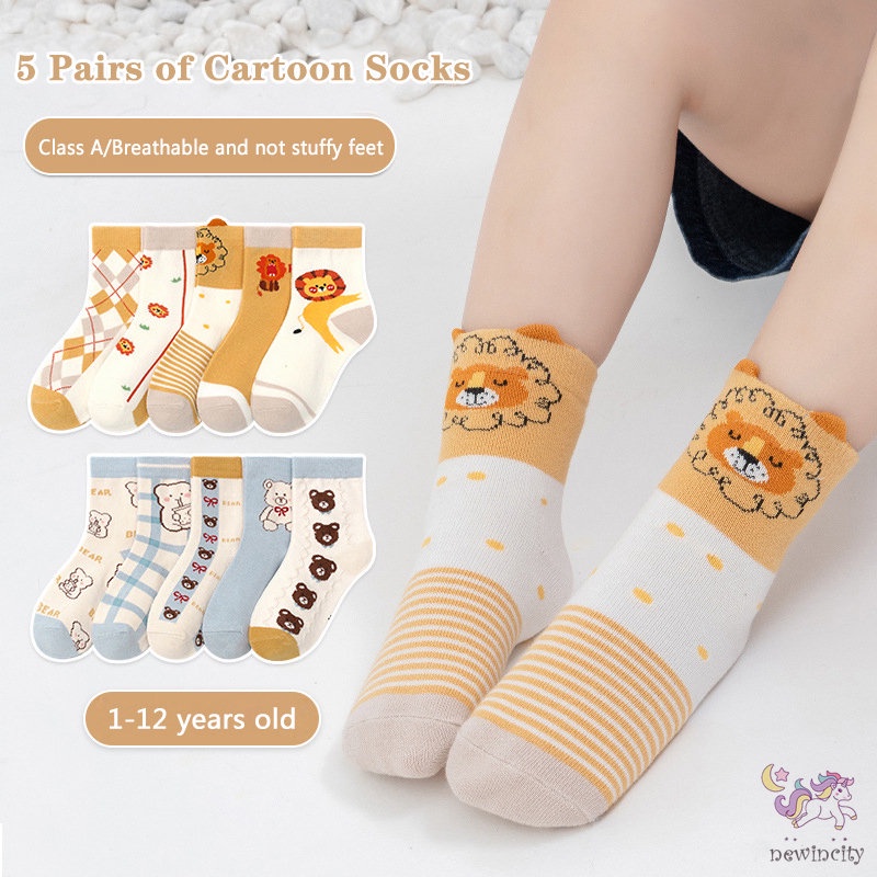 Set 5 Đôi Tất Cotton Dài Trung Bình Chống Trượt Chống Rơi Phong Cách Hàn Quốc Cho Bé