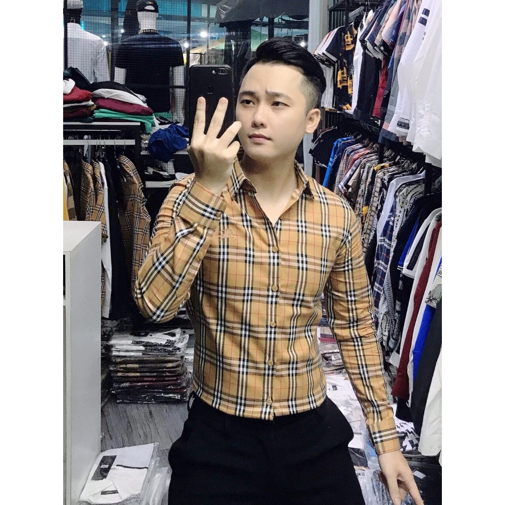 Áo Sơ Mi Nam Dài Tay Vải Lụa Cao Cấp, Áo Sơ Mi Họa Tiết Caro Vàng Thêu, Siêu Đẹp, Dáng Ôm Form Body
