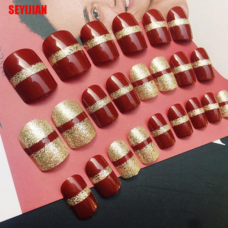 Bộ 24 Móng Tay Giả Ngắn Che Phủ Toàn Diện Màu Đỏ Rượu Vang Lấp Lánh