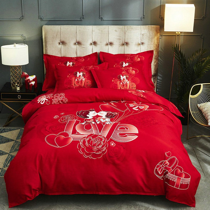 Bộ 4 món giường cưới dày dặn chăn ga gối đệm màu đỏ nhám đôi hoạt hình