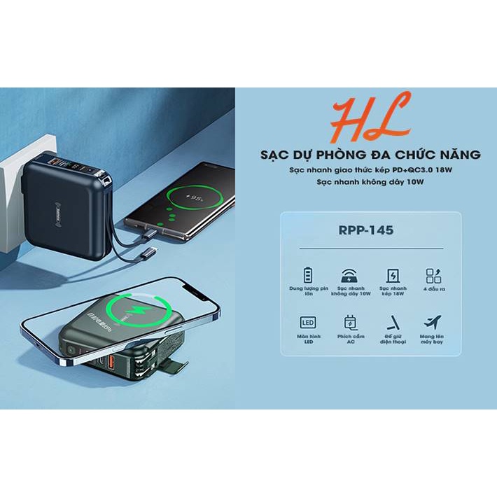 Pin Sạc Dự Phòng 10000mah Remax RPP-145 10000mAh - QC3.0, TypeC PD18W, Wireless Charge - Hưng Long PC