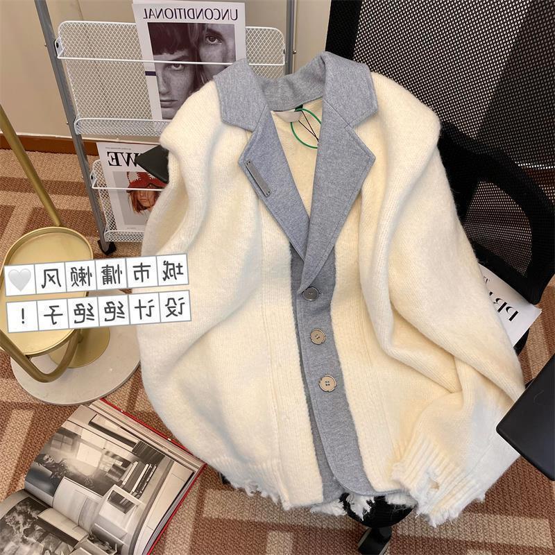 Spring new style design sense suit collar spliced cardigan jacket female Korean version casual sweater fake two tops