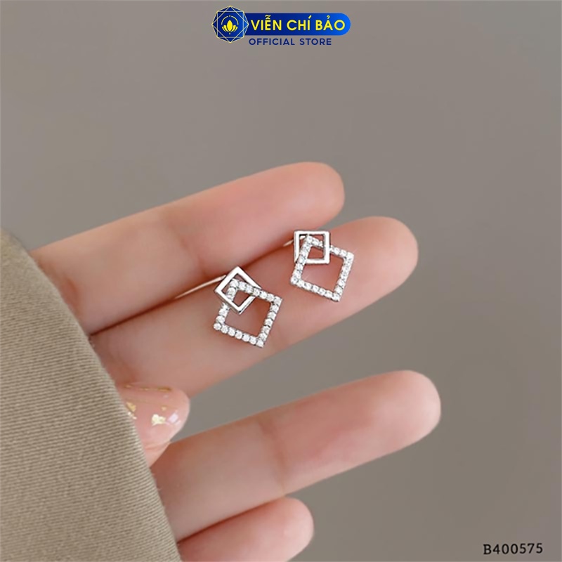 Bông tai bạc nữ hình vuông đính đá chất liệu bạc Ý thời trang phụ kiện trang sức nữ thương hiệu Viễn Chí Bảo B400575