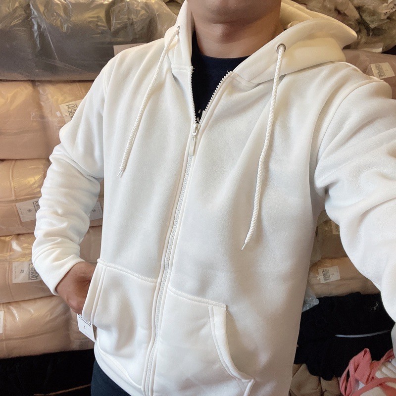 Áo hoodie zipper unisex 2T Store HZ02 màu trắng - Áo khoác nỉ dây kéo nón 2 lớp dày dặn chất lượng đẹp