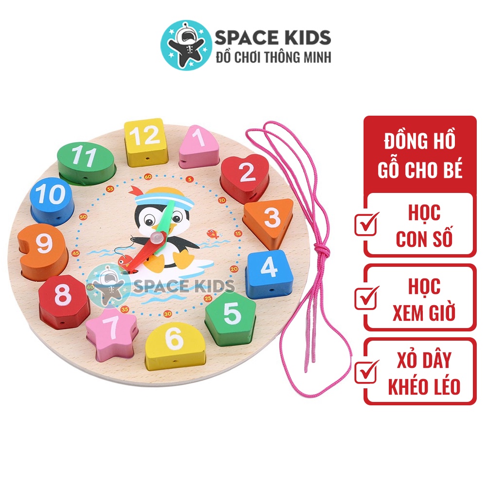 Đồ chơi Đồng hồ gỗ thông minh Space Kids cho bé học số, hình khối, màu sắc và học xem giờ