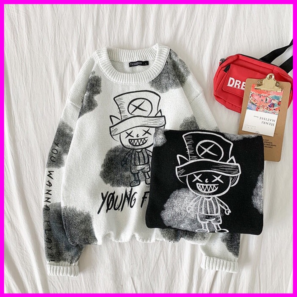 Áo len nam họa in tiết hình băng đảng mũ rơm độc đáo và thanh lích