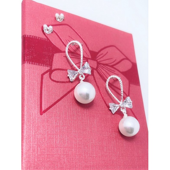 Bông tai bạc ta hình nơ đính hạt trai sang trọng - Trang sức bạc Evasilver