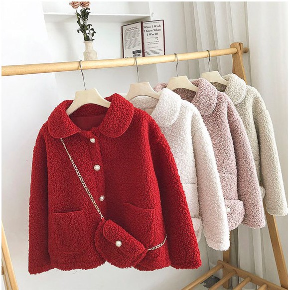 Áo khoác lông cừu cổ bẻ kèm túi đeo ulzzang e811