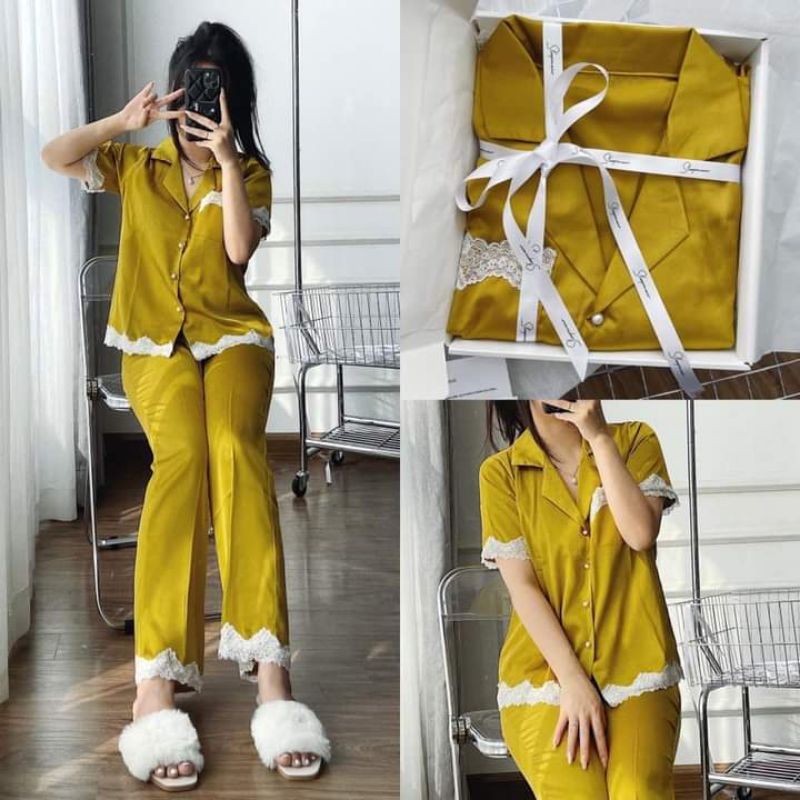 Bộ pijama lụa phối ren bộ ngủ nữ pijama lụa satin lụa gấm bộ đồ ngủ có hộp quà tặng TÂM Clothings