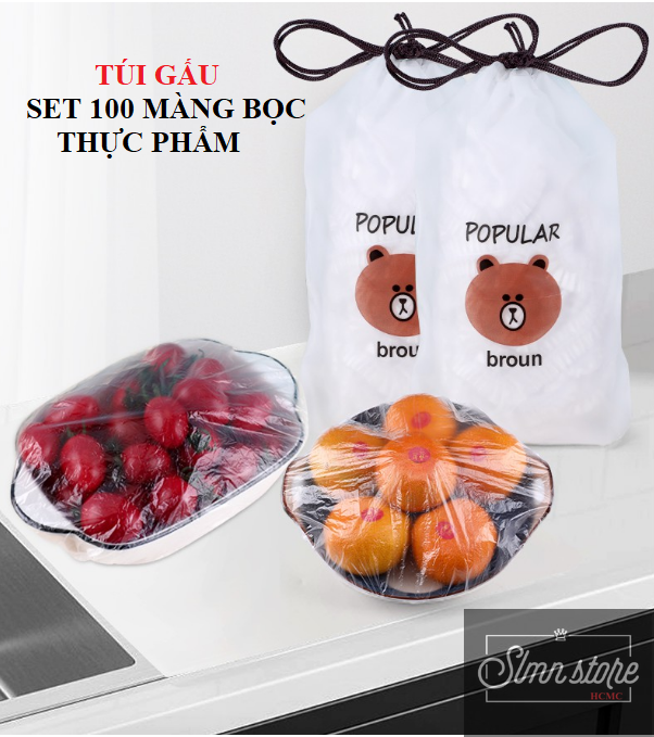 Set 100 màng bọc thực phẩm túi gấu  Màng bọc thực phẩm PE có chun bọc đồ ăn co giãn tái sử dụng nhiều lần. SD1_MangBocTP