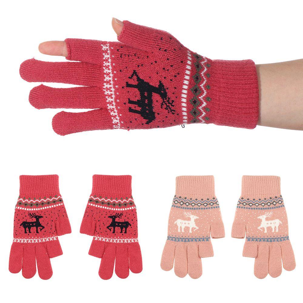 1 Đôi Găng Tay Hở Ngón Bằng Len Cashmere Nhân Tạo In Họa Tiết Hươu Hoạt Hình