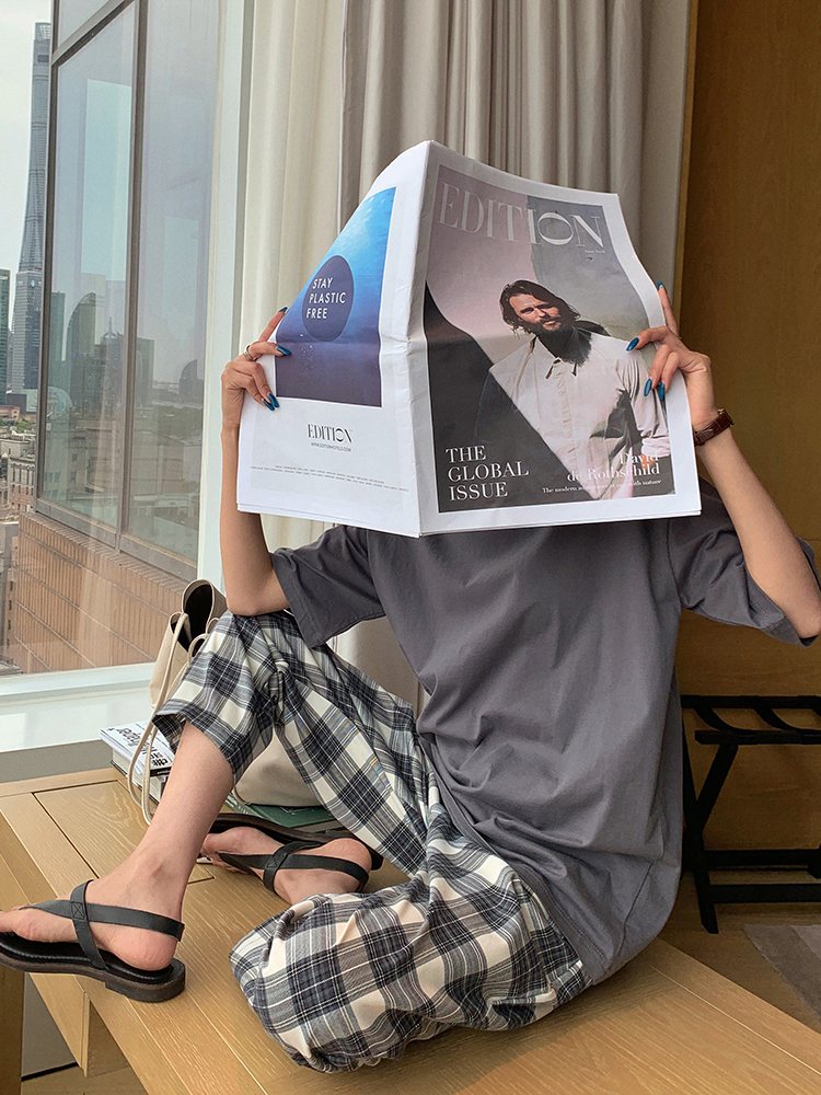 NRVP Quần dài lưng cao ống rộng kẻ sọc caro thời trang hè năm 2021 cho nữ