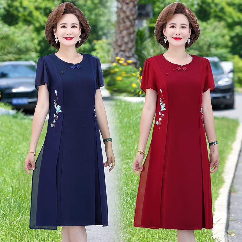 Đầm Thiết Kế Trung Niên, Mẫu Đầm Suông Cho Mẹ Chất Cotton lạnh Chiffon Thêu hoa Đào | Thời Trang NP Clothing