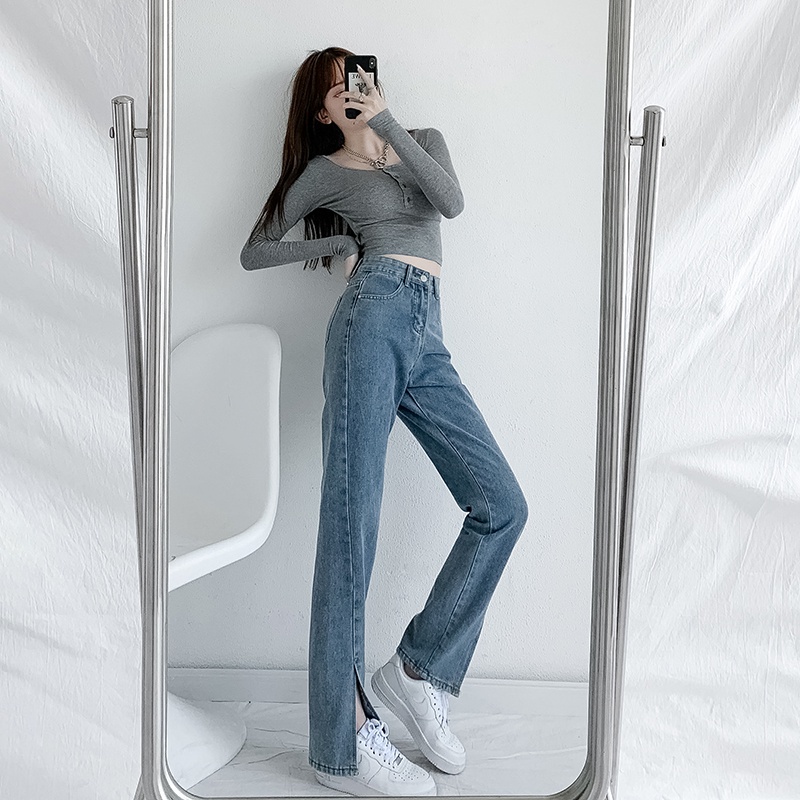Quần jean lưng cao dáng rộng phong cách thời trang hàn quốc