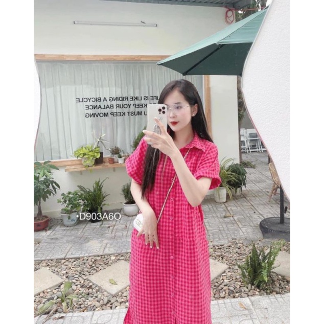 Đầm Dài Maxi Dáng Suông Váy Sơ Mi Caro Hồng Sen Form Rộng Thời Trang BEBEDOLL