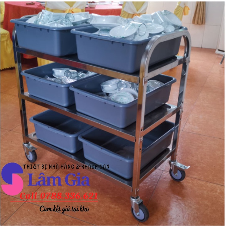Xe đẩy nhà hàng 3 tầng khung INOX - xe đây phục vụ bàn ăn