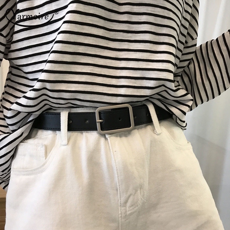 Thắt Lưng Da PU Khóa Vuông Màu Vàng Kim Đơn Giản Dễ Phối Đồ Phong Cách Retro Mới