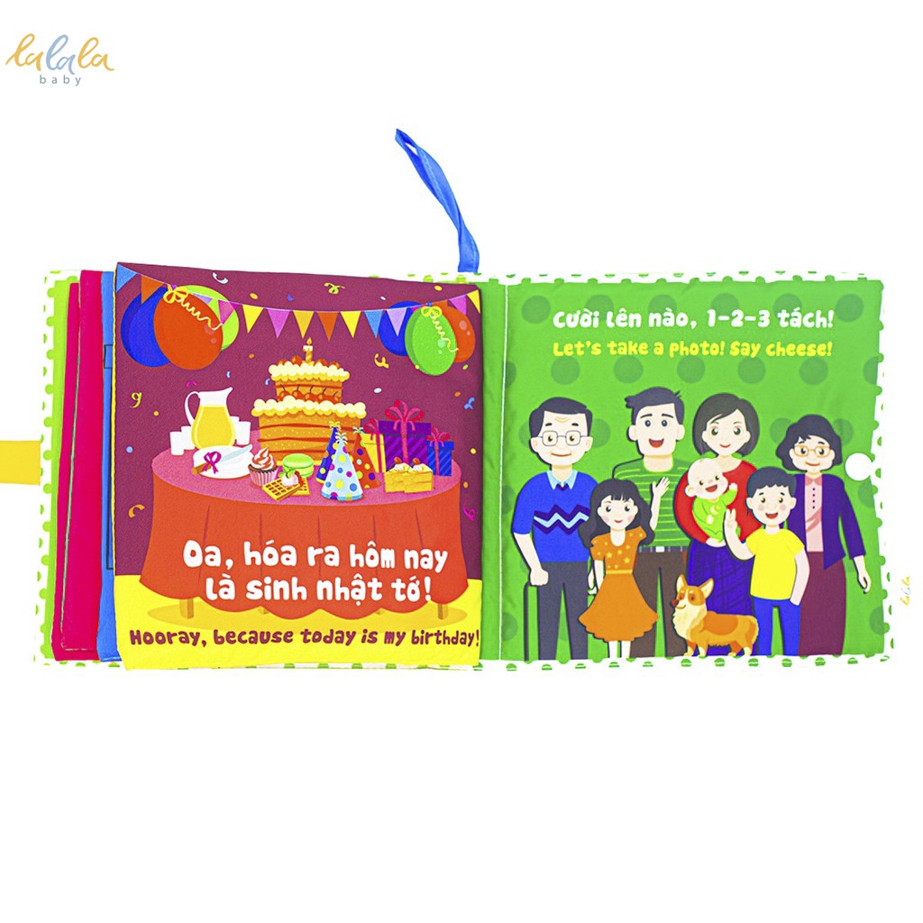 Sách vải Lalala Baby song ngữ đa tương tác Nhà tớ có những ai? - Who's is my family? kích thước 18x18cm 12 trang lật mở