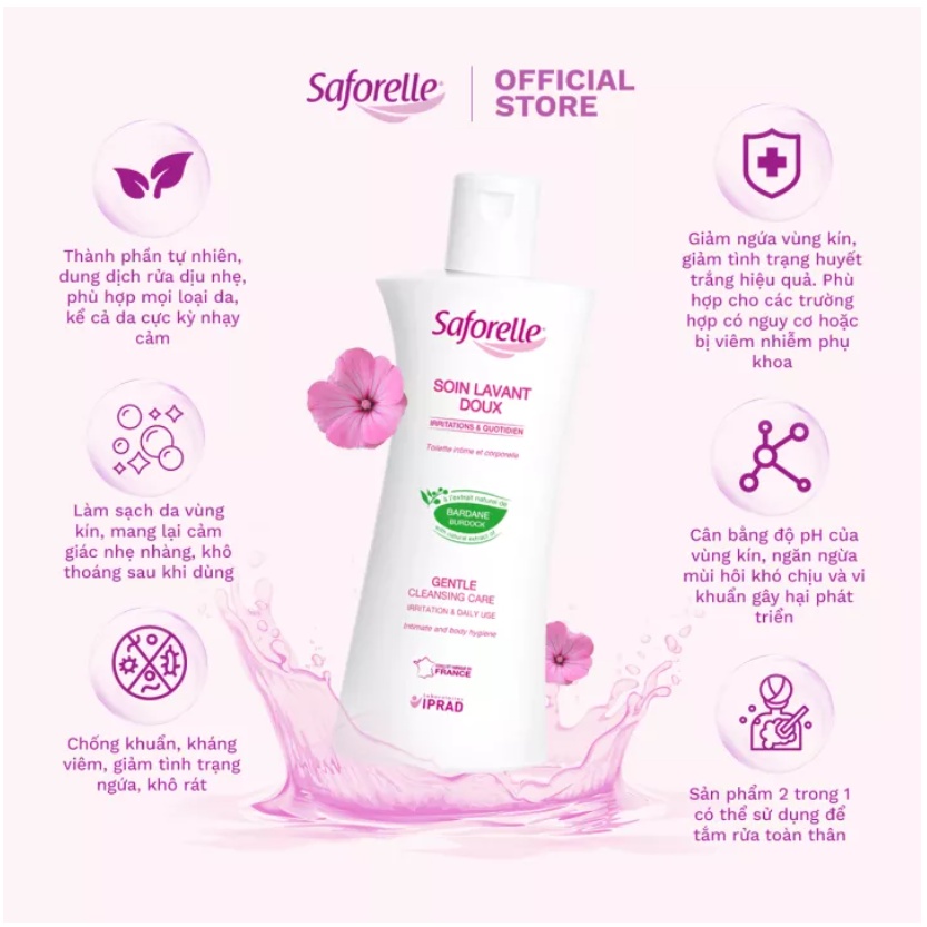 Dung dịch vệ sinh phụ nữ Saforelle Gentle Cleansing Care cao cấp thành phần tự nhiên làm sạch nhẹ dịu 250ml