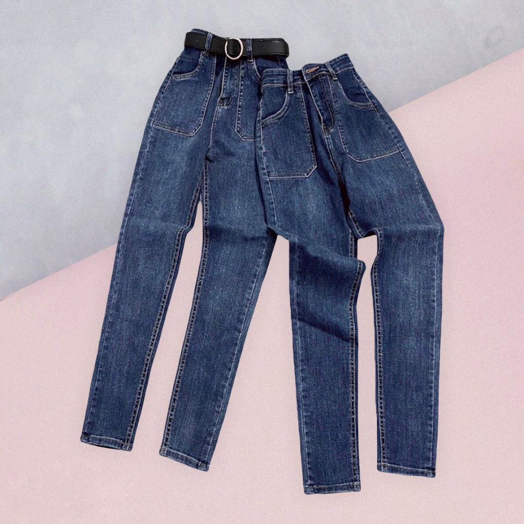 Quần Dài Jeans Bigsize, Xanh Đậm Túi Hộp 1014, Lưng Siêu Cao, Co Giãn Mạnh [ Size 32-36]