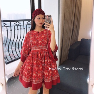 Váy thổ cẩm hoa đỏ trắng dáng ngắn