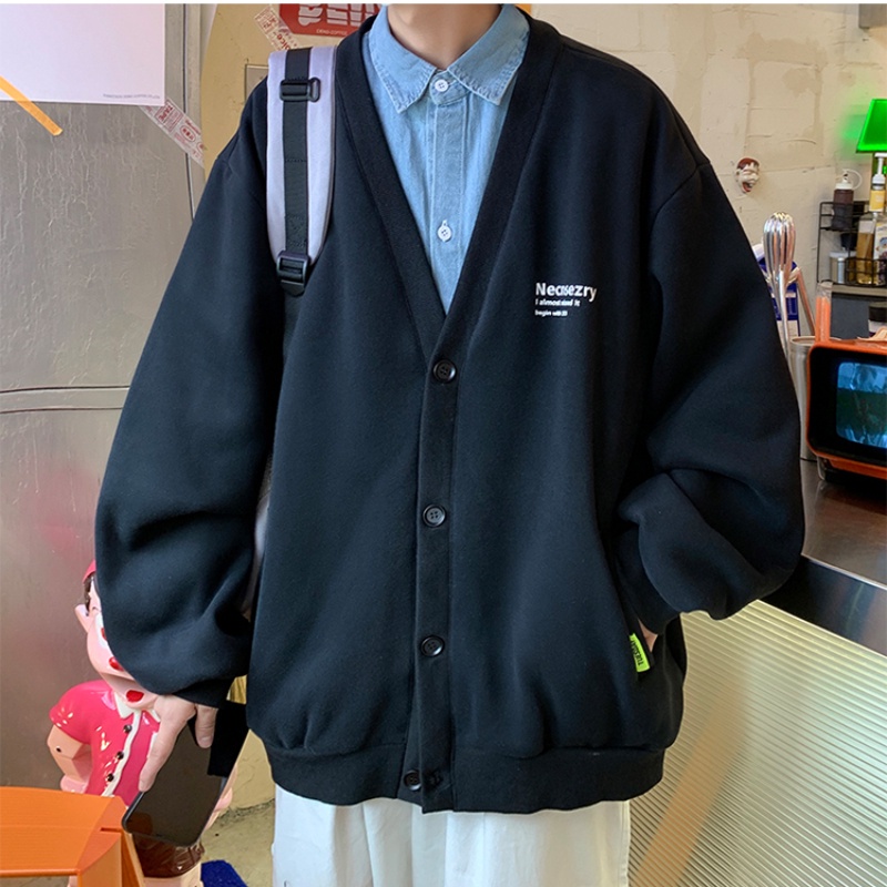Áo Khoác Cardigan Cổ Chữ V Dáng Rộng Màu Trơn Thời Trang Cho Nam Giới Size M-2XL