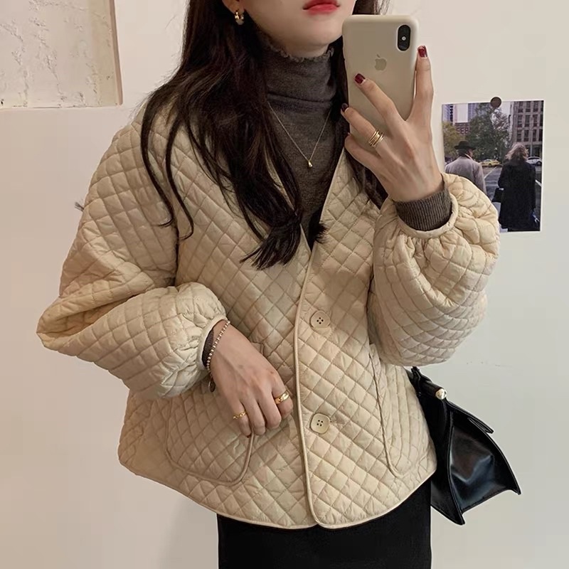 Áo khoác cổ V may trám phong cách retro hàn quốc