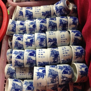 Chén tống men xanh lam cổ cảnh thất hiền vẽ tay thủ công....