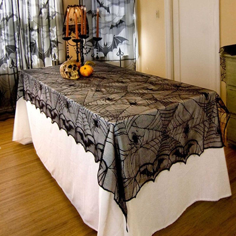 Hôn Halloween Khăn Trải Bàn Gothic Ren Đen Nhện Bàn Cho Tiệc Halloween Đáng Sợ Phim Đêm Bàn Deco