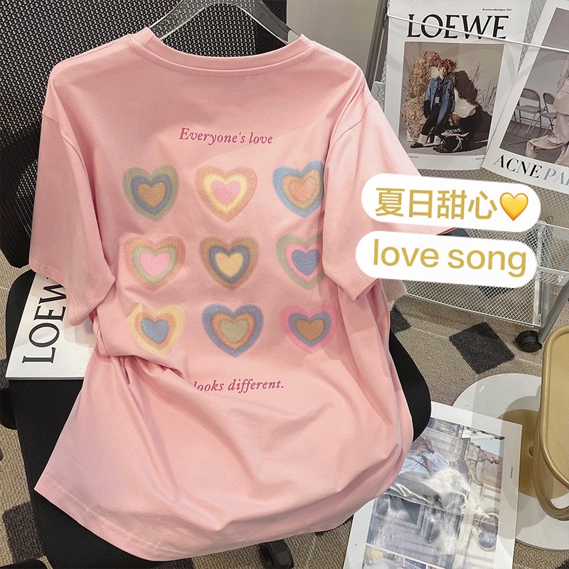Áo thun HIIXIIVI 100% cotton tay ngắn cổ tròn họa tiết trái tim thời trang mùa hè phong cách Hàn Quốc 2022 dành cho nữ