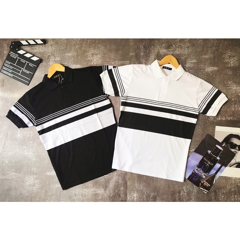 Áo Polo nam cao cấp cổ bẻ phối sọc ngang đen trắng form ôm dáng chuẩn đẹp chất thun lạnh cotton thoáng mát | BigBuy360 - bigbuy360.vn