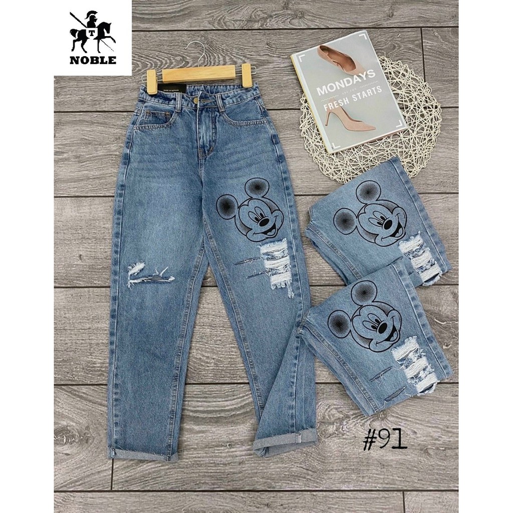 Quần baggy jean nữ in thêu chuột mickey thời trang Noble TN41