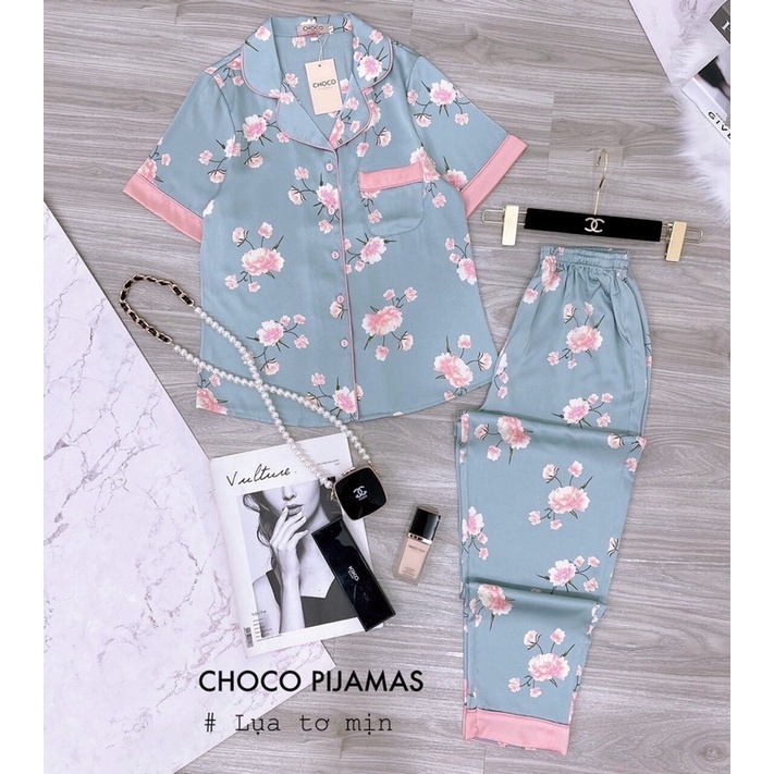 Bộ lụa ngắn tay quần dài màu xanh siêu xinh hãng choco bộ mặc nhà đẹp
