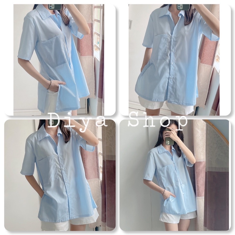 Set áo sơ mi Xanh xẻ tà nút và Short trắng