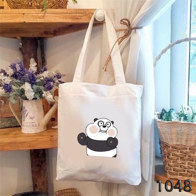 Túi tote trắng vải Canvas in họa tiết Panda Mập dễ thương Phong cách Ulzzang