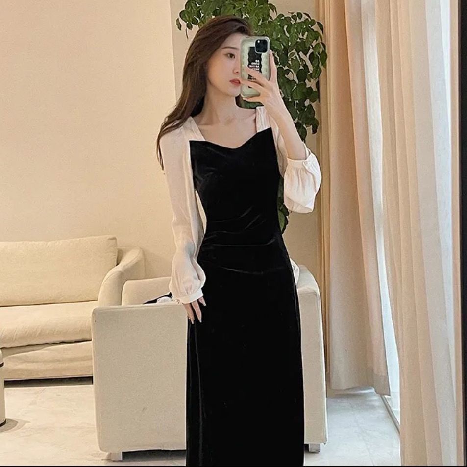 Váy nữ đẹp body nhung dáng dài phối tay voan trắng xẻ tà trẻ trung thanh lịch kiểu dáng Hàn Quốc NITEHY 19