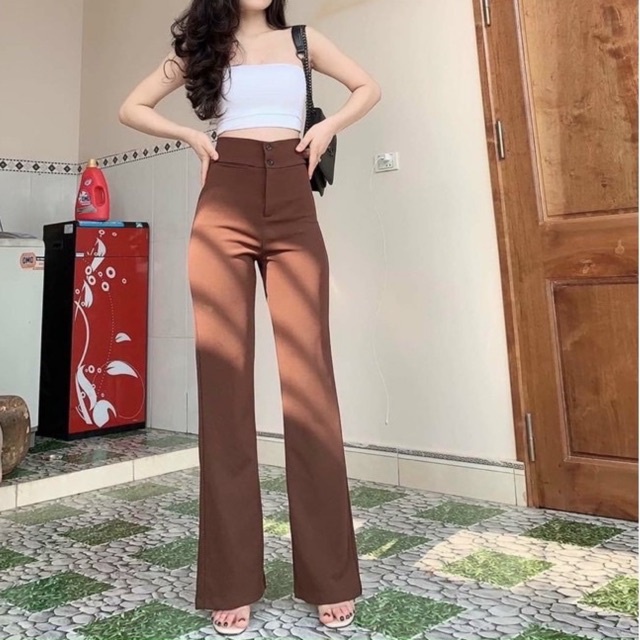 Quần tây ống loe cạp to 2 khuy dáng dài -Quần tây công sở dày dặn phối áo PL53