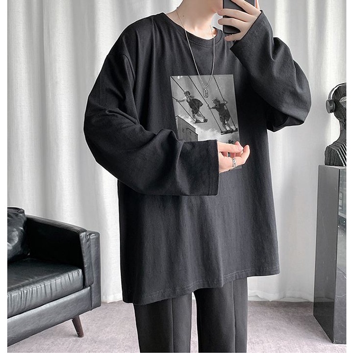 Áo thun tay dài cổ tròn in hình 3 màu phong cách Hàn Quốc cho nam và nữ