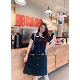 Váy bầu thiết kế - Đầm Bầu xuông cổ sen cúc gỗ - ảnh thật