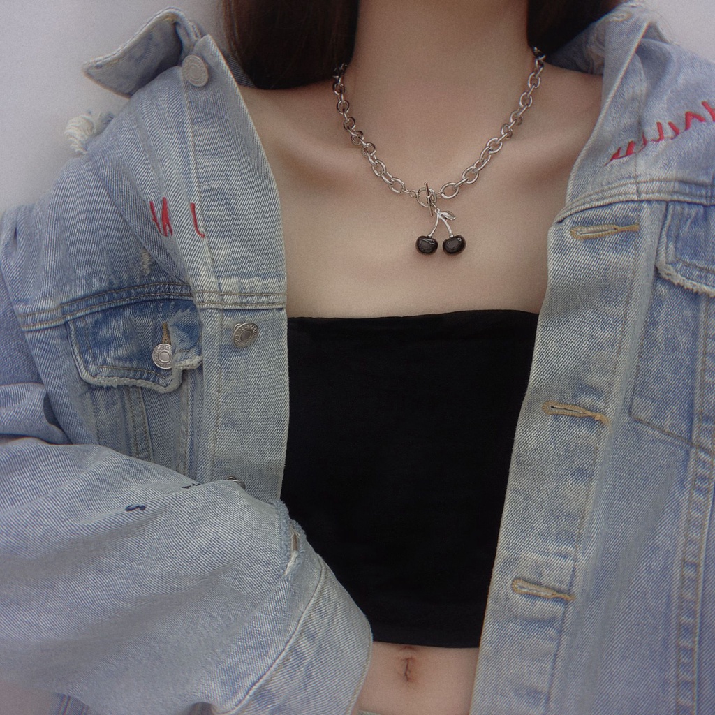【JIHE】Vòng choker dây xích mặt hình trái cherry màu đen cá tính