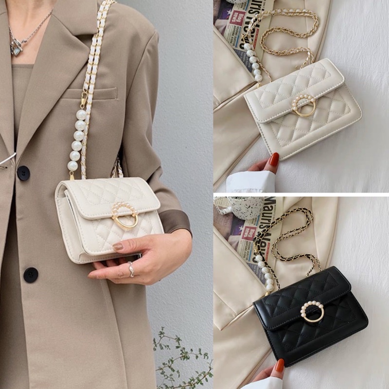 Túi da đeo chéo mini, túi xách nữ da mềm quả trám, hàng Quảng Châu, 2 màu trắng đen siêu xinh CÓ SẴN