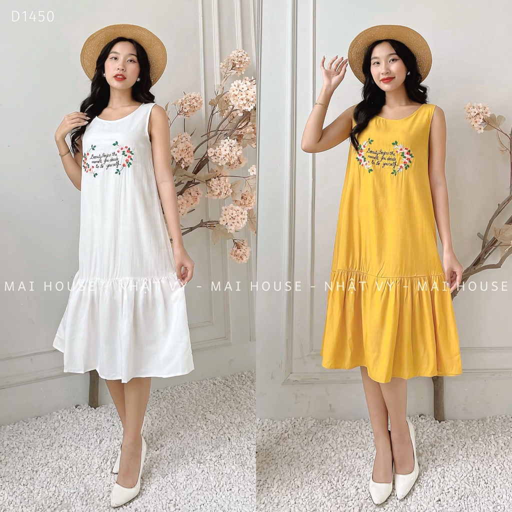 Đầm Đi Chơi NHẬT VY Sát Nách Thêu Chữ Dáng Suông Đuôi Cá Chất Vải Tơ Xước Màu Vàng, Trắng - D1450 | BigBuy360 - bigbuy360.vn