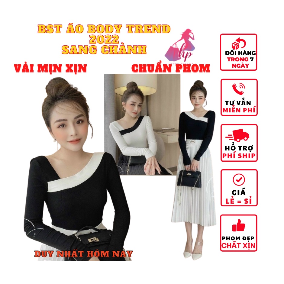 Áo phông nữ đẹp dáng ôm body cổ chữ xéo tay dài màu trắng đen phong cách hàn quốc cực dễ thương thời trang 2021