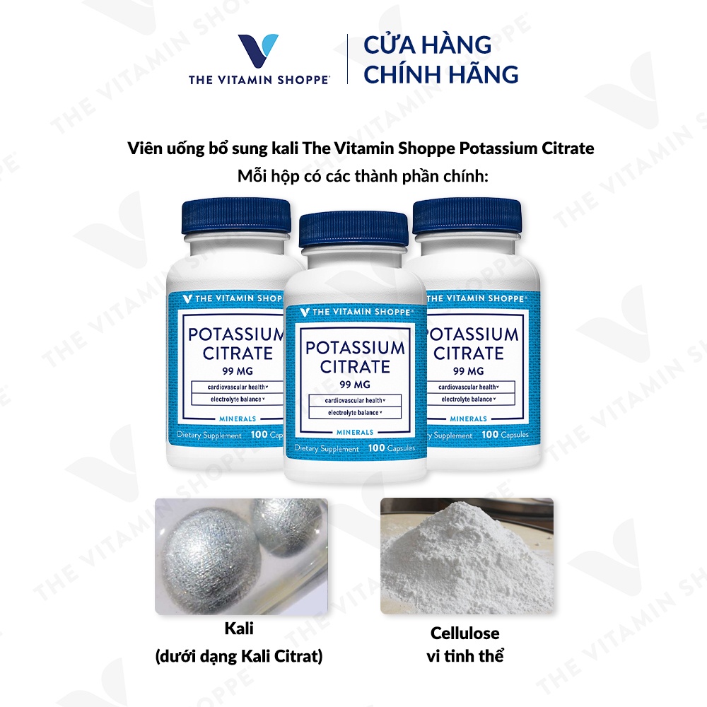 [Mã BMLTA35 giảm đến 35K đơn 99K] Viên uống giảm sưng đau gút THE VITAMIN SHOPPE Potassium Citrate bổ sung kali 100 viên