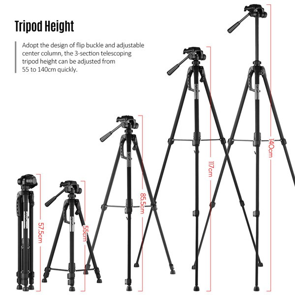 Tripod máy ảnh, điện thoại Weifeng WT-3520, khung nhôm cao cấp tải trọng 3kg, có túi đeo, tặng kèm kẹp điện thoại