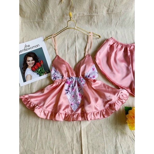 ❤️FREE SHIP❤️ Set bộ ngủ lụa phối ren hoa chất lụa satin mềm mịn mát lạnh