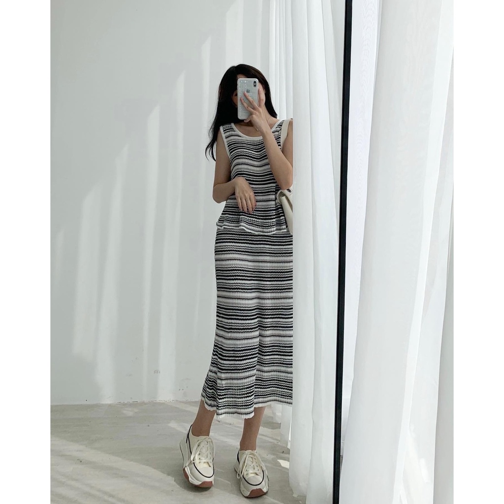 Set áo len mỏng croptop sát vai kèm chân váy dài S379 SUSTORE