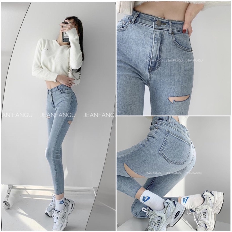 ♝Quần jean bó skinny rách đùi trước và sau cá tính , bò ôm giãn cạp cao hách dáng by Fangu Cấp