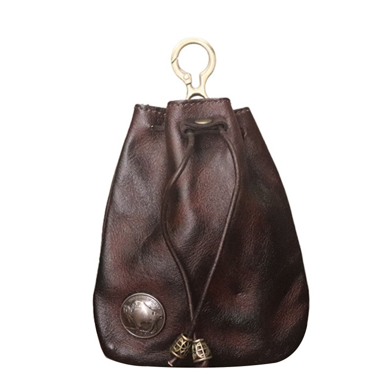 Ví Đựng Tiền Xu / Chìa Khóa Xe Hơi Bằng Da Bò Có Dây Rút Tiện Dụng