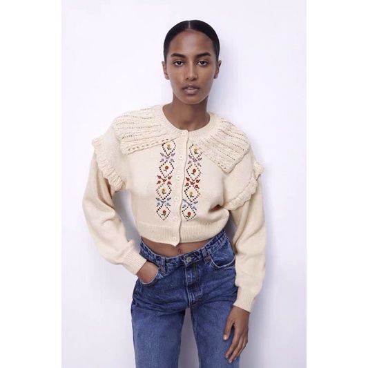 Áo len thêu hoa cổ bẻ vintage Zara xuất xịn